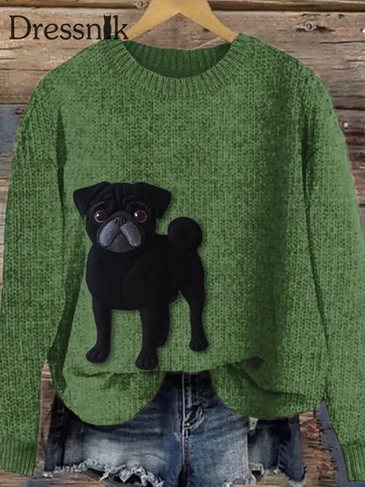 Frauen lebhafter Mops Hund Filz Kunst Gemütliche Strick pullover Grün / S