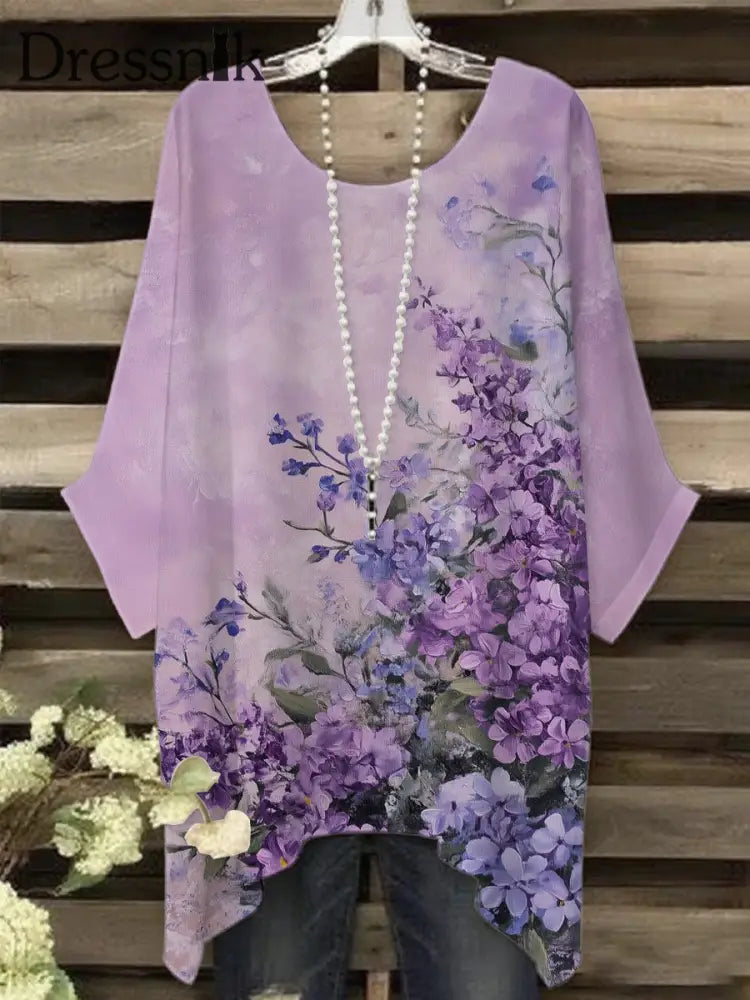 Frauen Lila Flora Kunstdruck T Shirt als bild / S