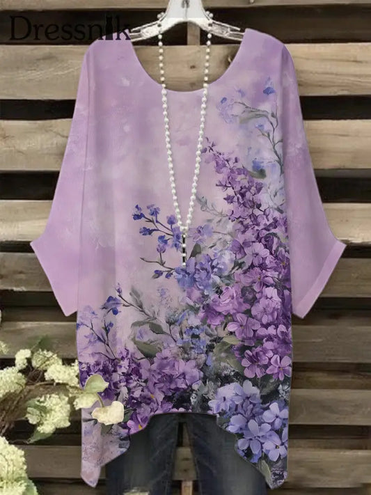 Frauen Lila Flora Kunstdruck T Shirt als bild / S