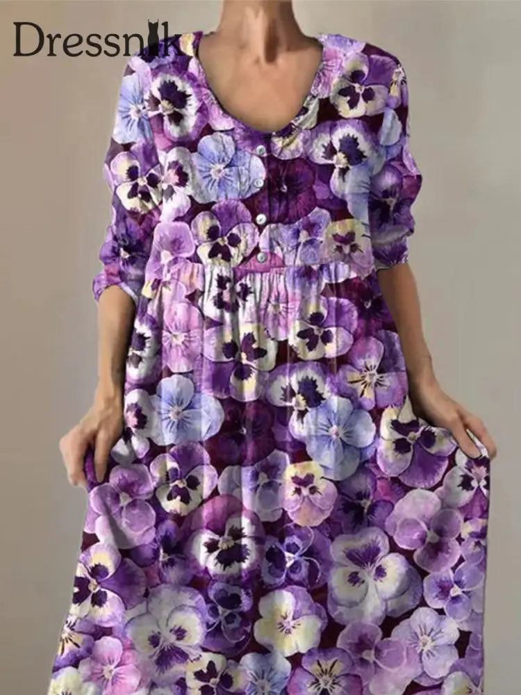 Frauen Lila Forget-Me-Not Print Alzheimer-Bewusstseins unterstützung Kleid