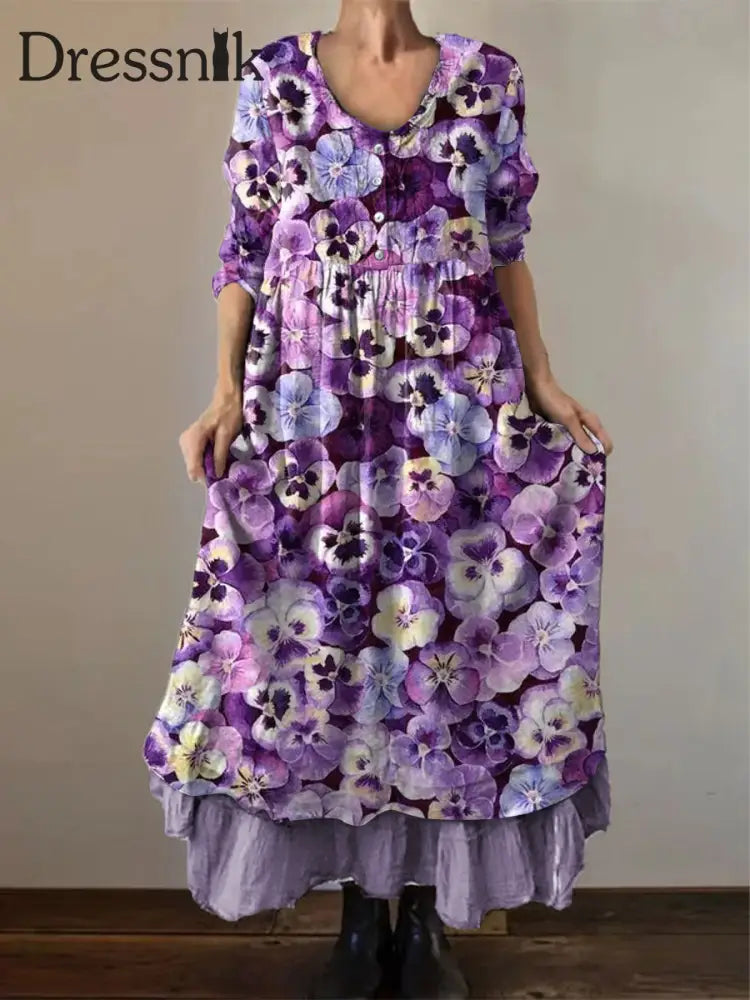 Frauen Lila Forget-Me-Not Print Alzheimer-Bewusstseins unterstützung Kleid Lila / S