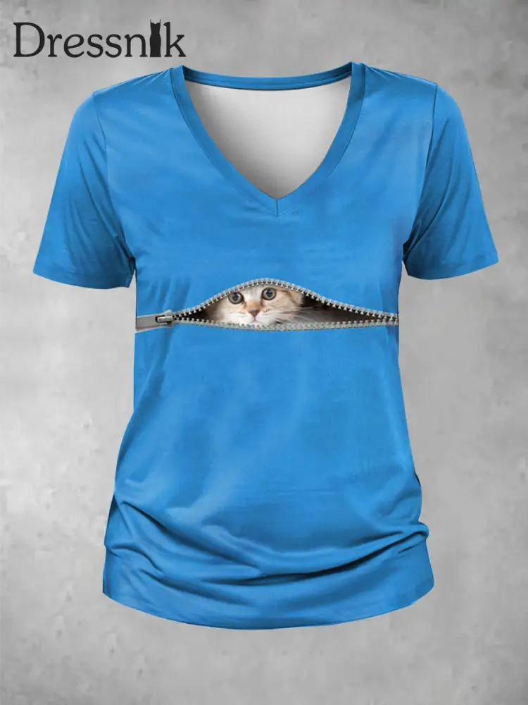 Frauen Lustige Reiß verschluss Katze Print V-Ausschnitt T-Shirt Blau / S