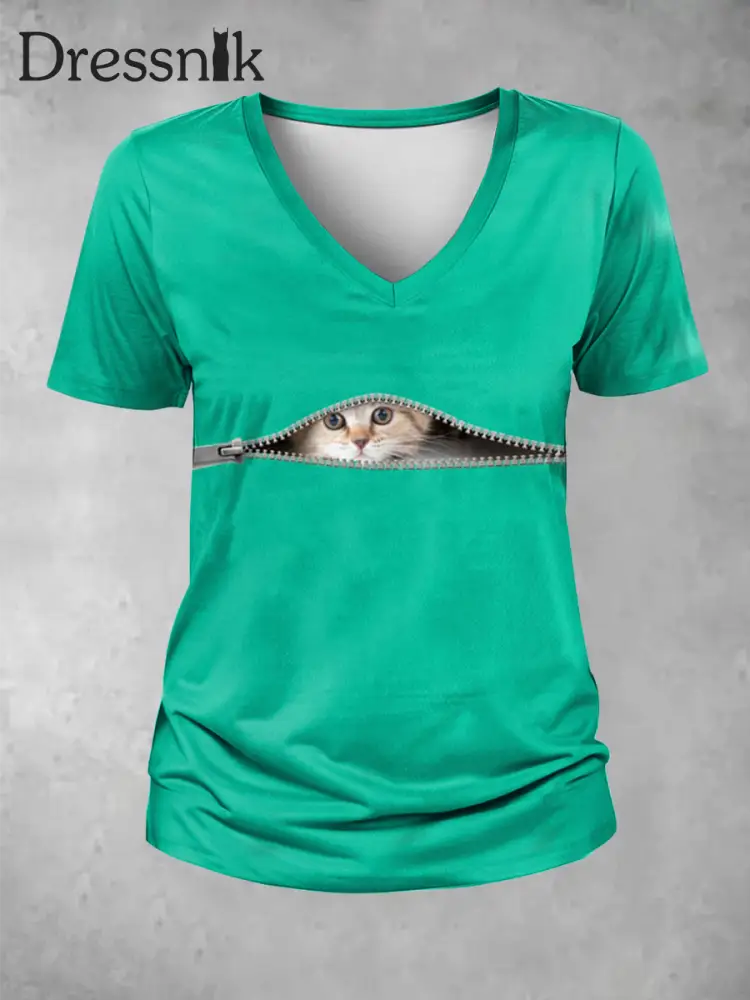 Frauen Lustige Reiß verschluss Katze Print V-Ausschnitt T-Shirt Grün / S
