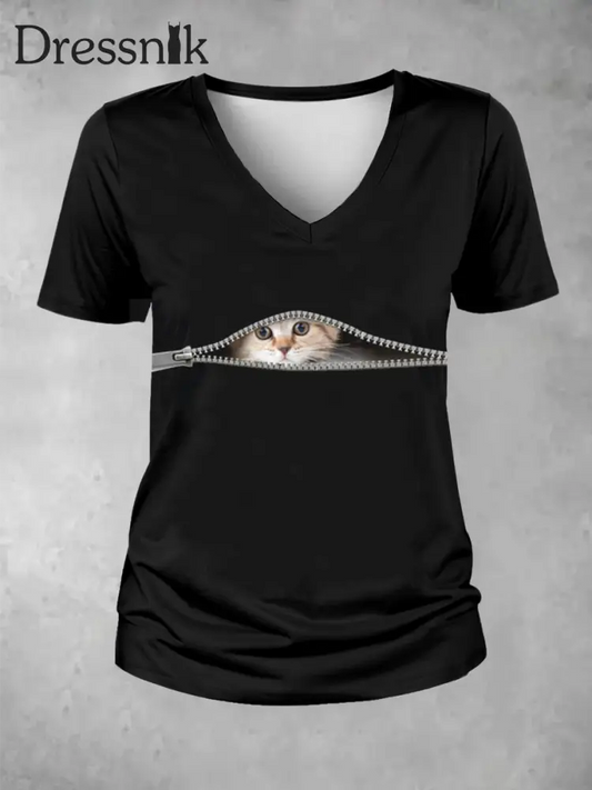 Frauen Lustige Reiß verschluss Katze Print V-Ausschnitt T-Shirt Schwarz / S
