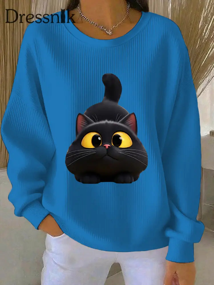 Frauen lustige schwarze Katze gerippt Rundhals-Sweatshirt Blau / S