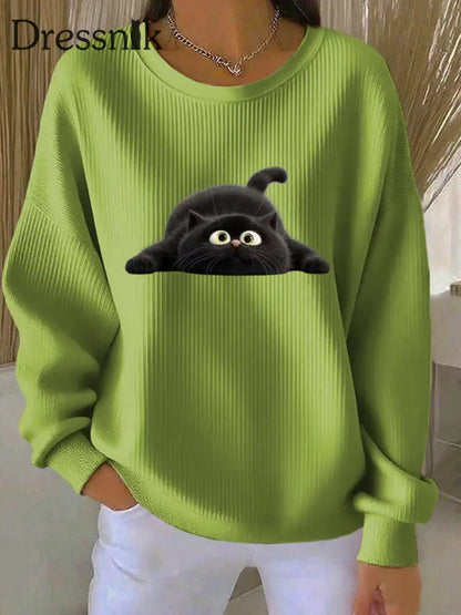 Frauen lustige schwarze Katze gerippt Rundhals-Sweatshirt Grün / S
