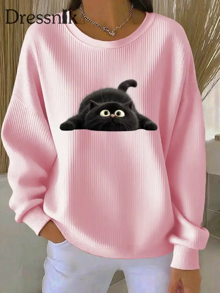 Frauen lustige schwarze Katze gerippt Rundhals-Sweatshirt Rosa / S