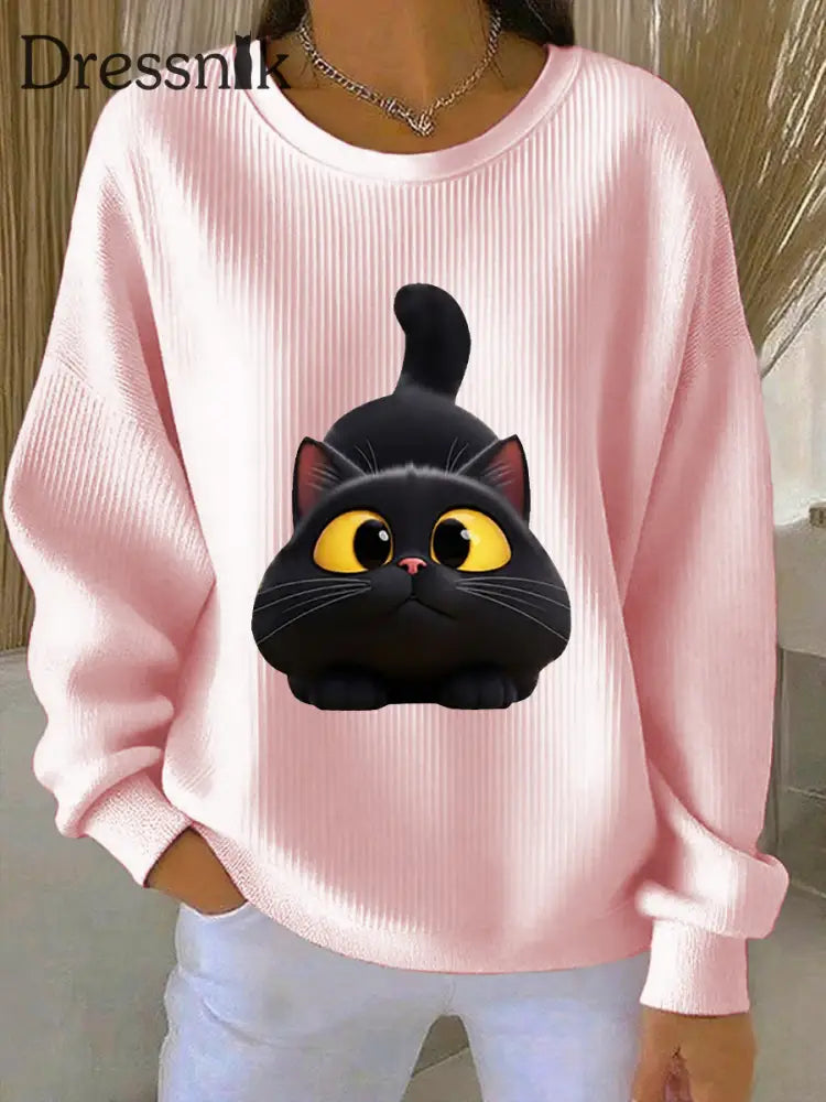 Frauen lustige schwarze Katze gerippt Rundhals-Sweatshirt Rosa / S