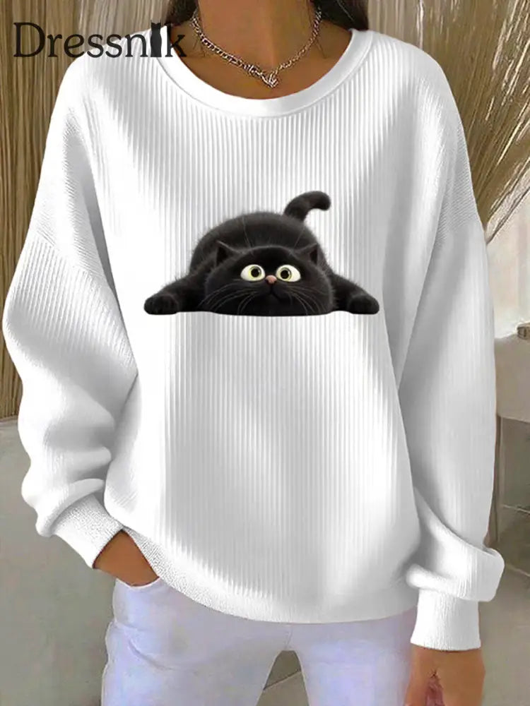 Frauen lustige schwarze Katze gerippt Rundhals-Sweatshirt Weiß / S