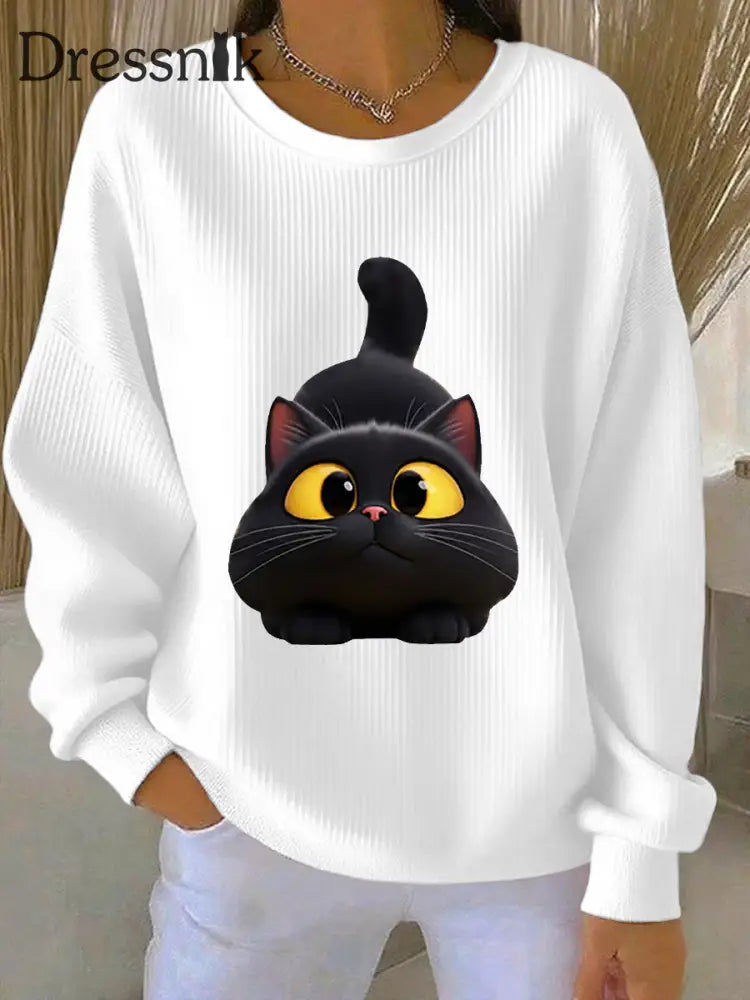 Frauen lustige schwarze Katze gerippt Rundhals-Sweatshirt Weiß / S