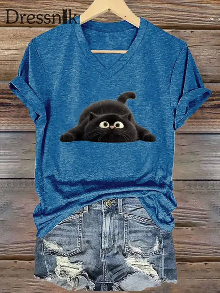 Frauen lustige schwarze Katze Kurzarm T-Shirt Blau / S