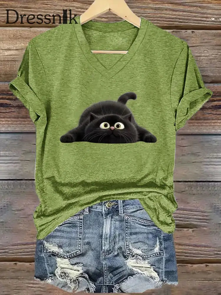 Frauen lustige schwarze Katze Kurzarm T-Shirt Grün / S