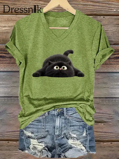 Frauen lustige schwarze Katze Kurzarm T-Shirt Grün / S