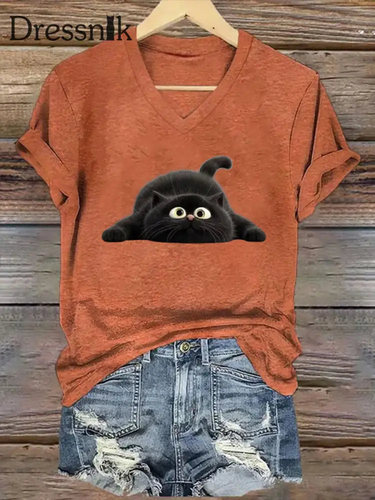 Frauen lustige schwarze Katze Kurzarm T-Shirt Kürbis Orange / S