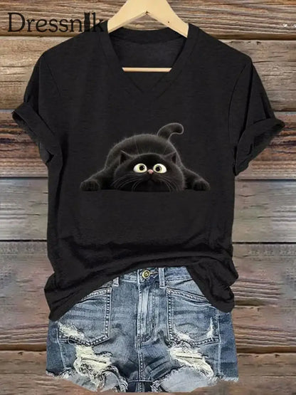 Frauen lustige schwarze Katze Kurzarm T-Shirt Schwarz / S