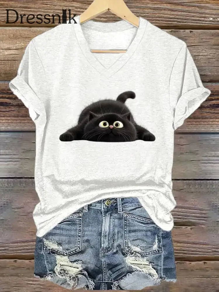 Frauen lustige schwarze Katze Kurzarm T-Shirt Weiß / S