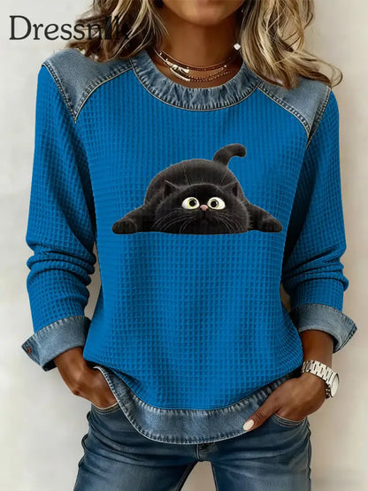 Frauen lustige schwarze Katze Sweatshirt Blau / S