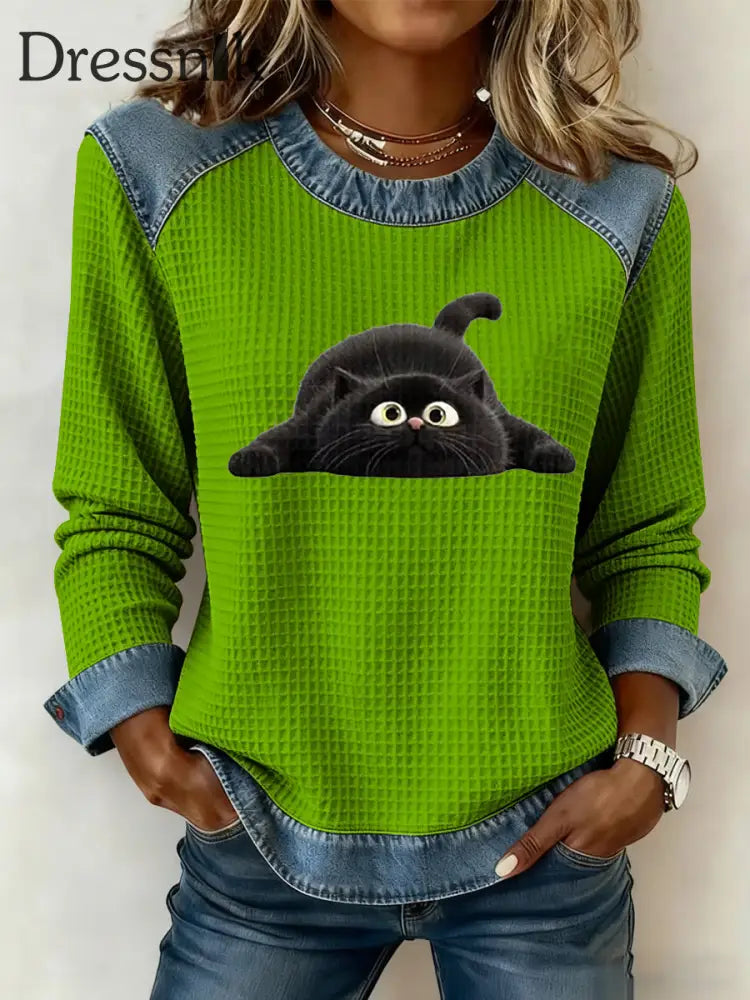 Frauen lustige schwarze Katze Sweatshirt Grün / S