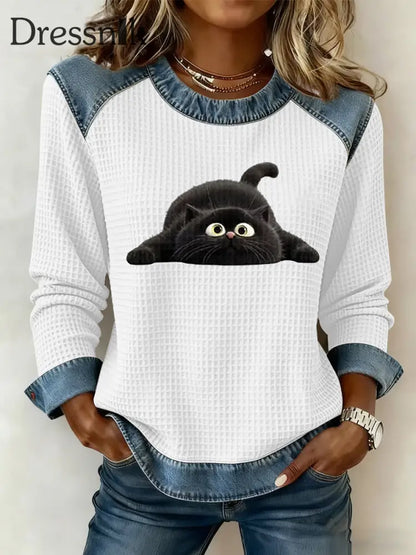 Frauen lustige schwarze Katze Sweatshirt Weiß / S