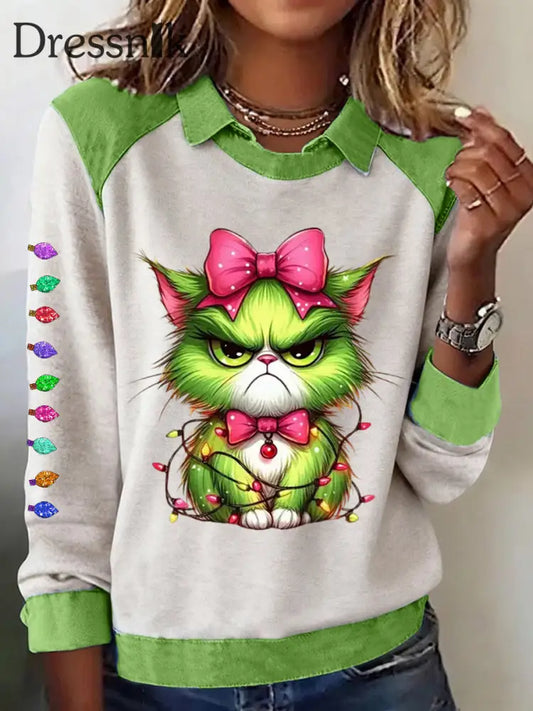 Frauen Lustiges Weihnachts-Grinch Cat Print Sweatshirt Grün / S