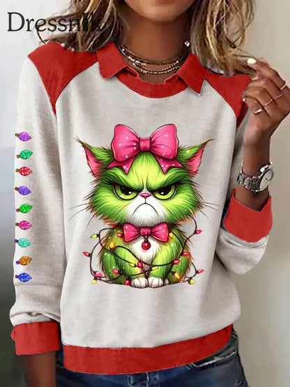 Frauen Lustiges Weihnachts-Grinch Cat Print Sweatshirt Rot / S
