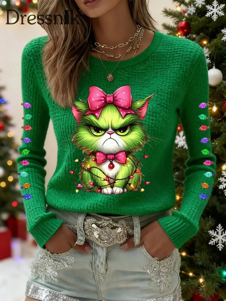 Frauen Lustiges Weihnachts-Grinch-Katzen-Print-Waffel-Top Grün / S