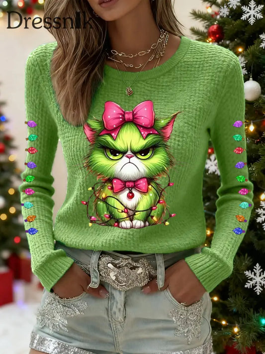 Frauen Lustiges Weihnachts-Grinch-Katzen-Print-Waffel-Top Hellgrün / S