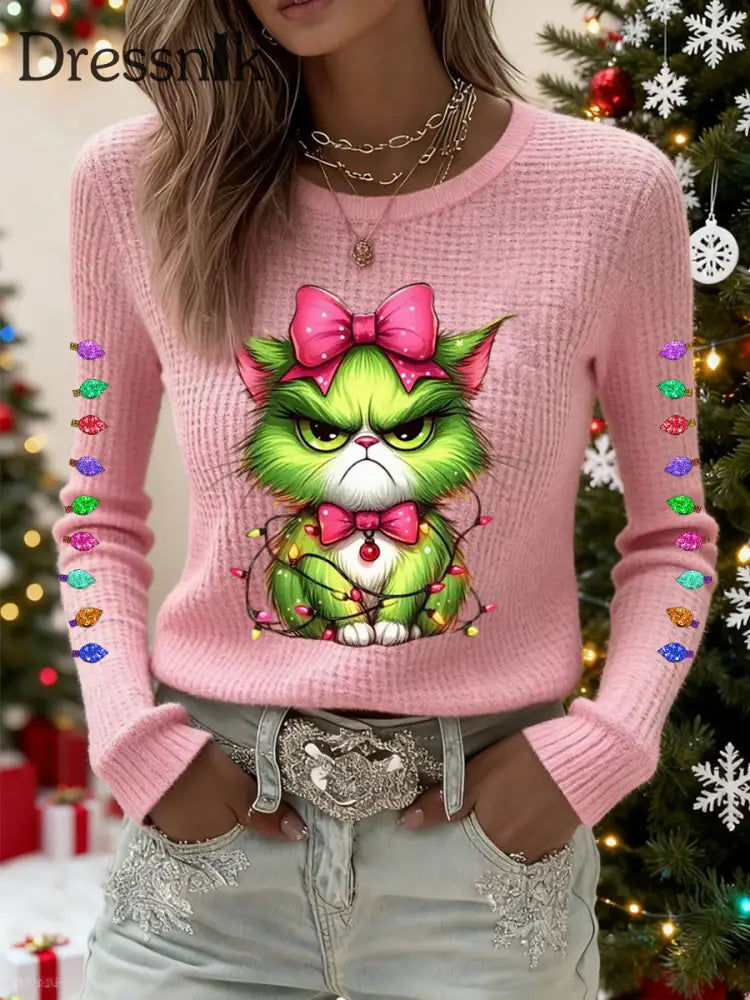Frauen Lustiges Weihnachts-Grinch-Katzen-Print-Waffel-Top Rosa / S
