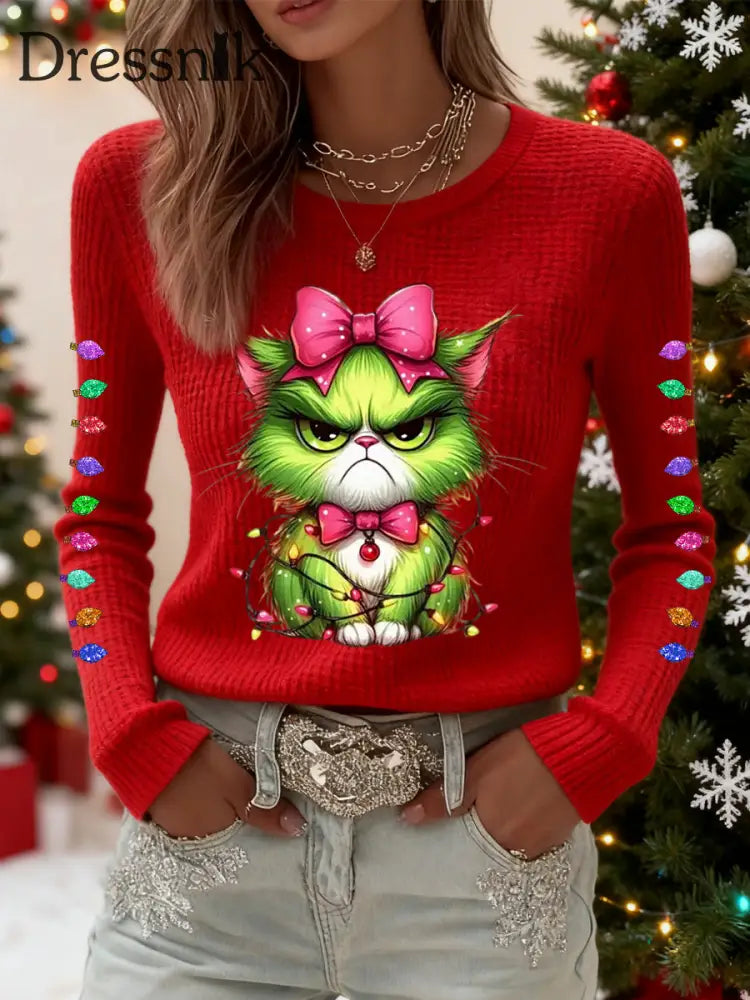 Frauen Lustiges Weihnachts-Grinch-Katzen-Print-Waffel-Top Rot / S