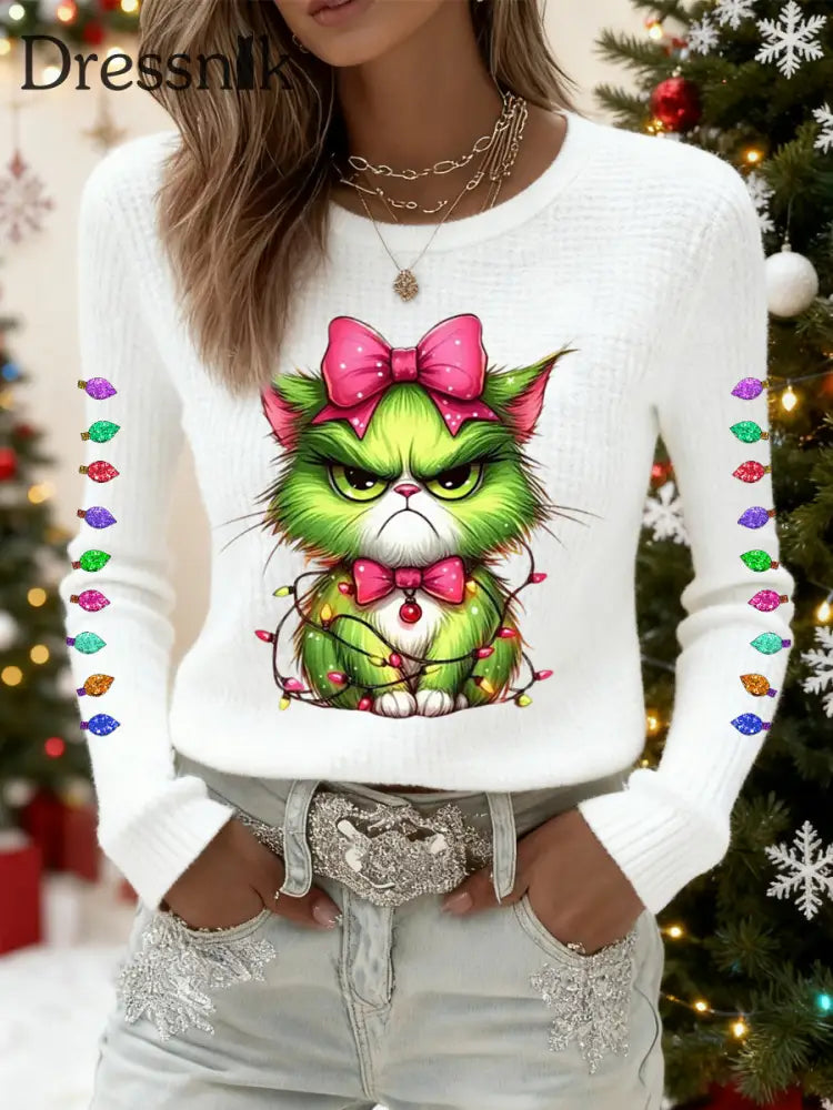 Frauen Lustiges Weihnachts-Grinch-Katzen-Print-Waffel-Top Weiß / S