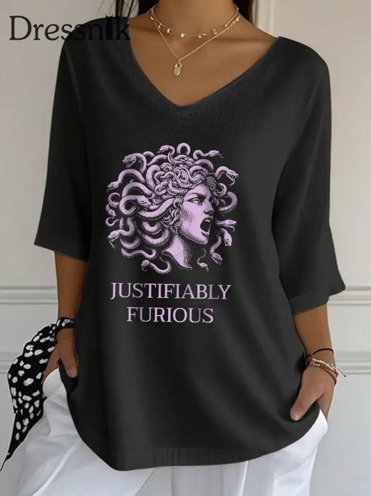 Frauen Medusa Dreiviertel Ärmel T Shirt Schwarz / S