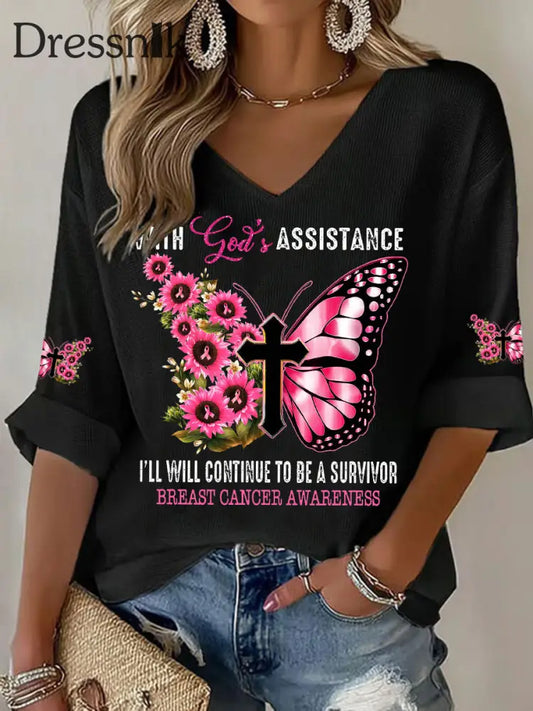 Frauen mit Gottes Hilfe werde ich weiterhin ein Survivor Waffel T Shirt sein Schwarz / S