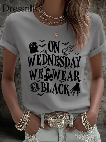 Frauen mittwochs tragen wir Schwarz Halloween Horror Party Casual T-Shirt Hellgrau / S