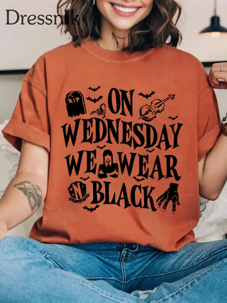 Frauen mittwochs tragen wir Schwarz Halloween Horror Party Casual T-Shirt Kürbis orange / S
