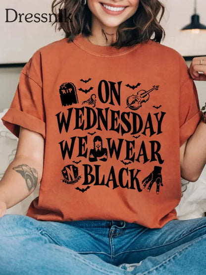 Frauen mittwochs tragen wir Schwarz Halloween Horror Party Casual T-Shirt Kürbis orange / S