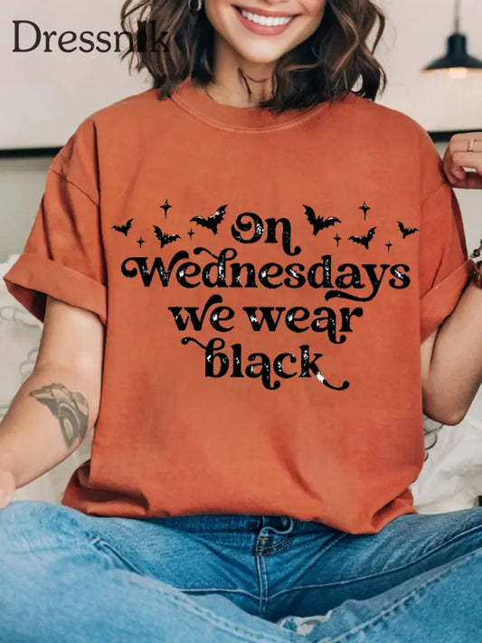 Frauen mittwochs tragen wir Schwarz Halloween Horror Party Casual T-Shirt Kürbis Orange / S