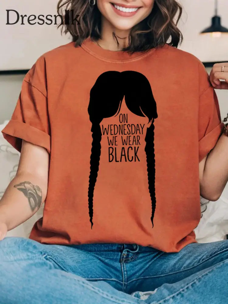 Frauen mittwochs tragen wir Schwarz Halloween Horror Party Casual T-Shirt Kürbis orange / S