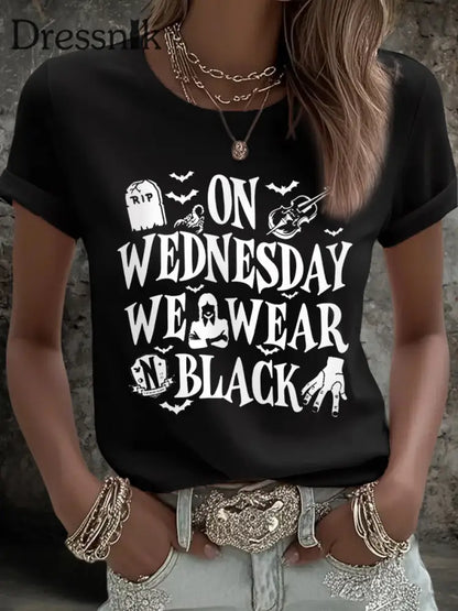 Frauen mittwochs tragen wir Schwarz Halloween Horror Party Casual T-Shirt Schwarz / S