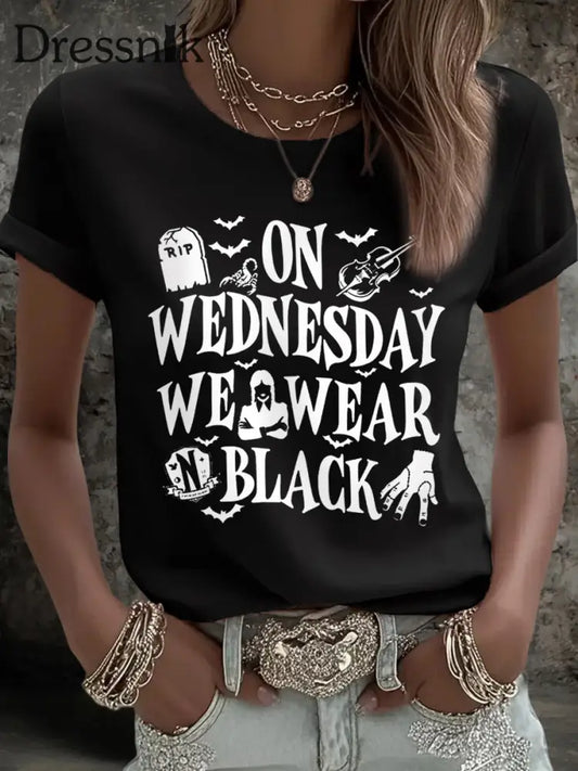 Frauen mittwochs tragen wir Schwarz Halloween Horror Party Casual T-Shirt Schwarz / S
