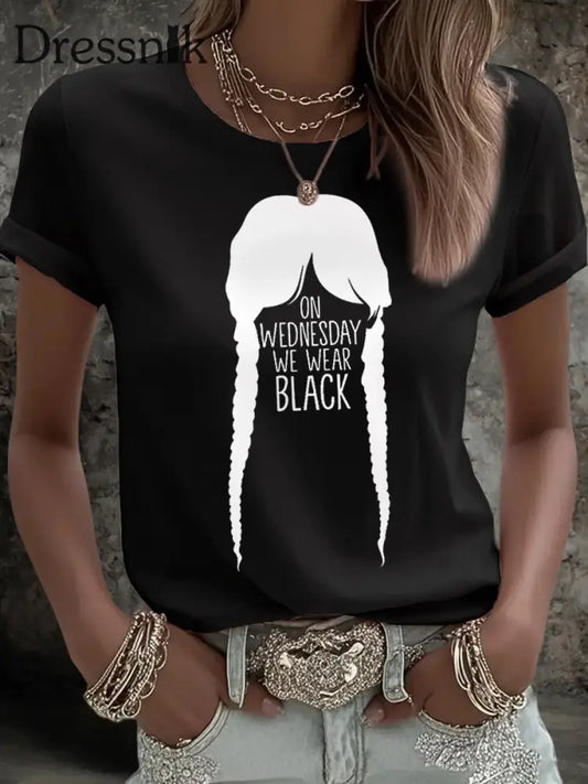 Frauen mittwochs tragen wir Schwarz Halloween Horror Party Casual T-Shirt Schwarz / S