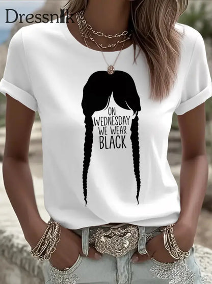 Frauen mittwochs tragen wir Schwarz Halloween Horror Party Casual T-Shirt Weiß / S