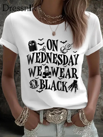 Frauen mittwochs tragen wir Schwarz Halloween Horror Party Casual T-Shirt Weiß / S