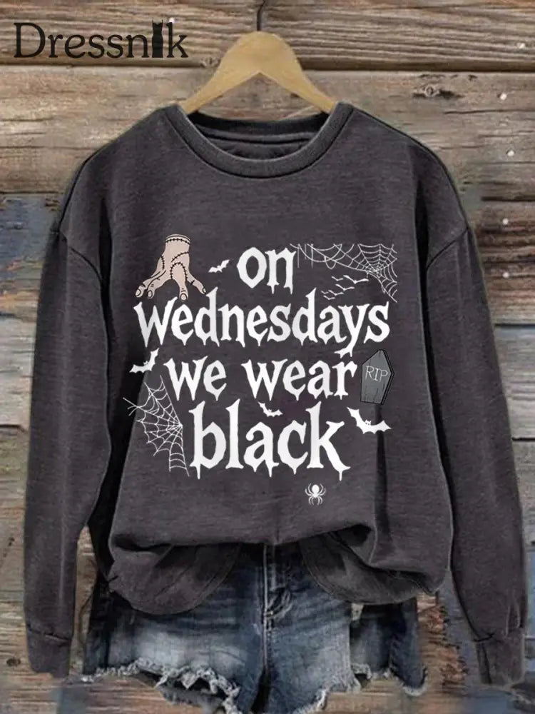 Frauen mittwochs tragen wir schwarze Halloween Horror Party lässig Sweatshirt Dunkelgrau / S