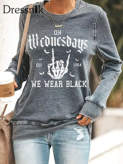 Frauen mittwochs tragen wir schwarze Halloween Horror Party lässig Sweatshirt Grau / S