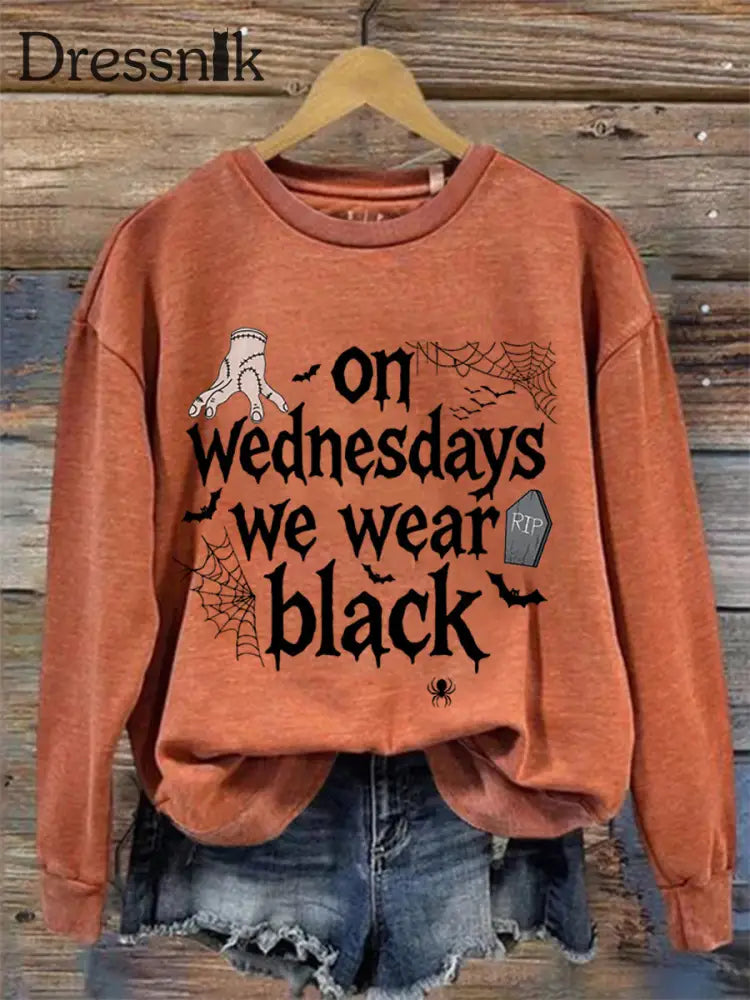 Frauen mittwochs tragen wir schwarze Halloween Horror Party lässig Sweatshirt Orange / S