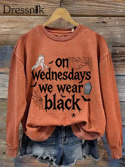 Frauen mittwochs tragen wir schwarze Halloween Horror Party lässig Sweatshirt Orange / S