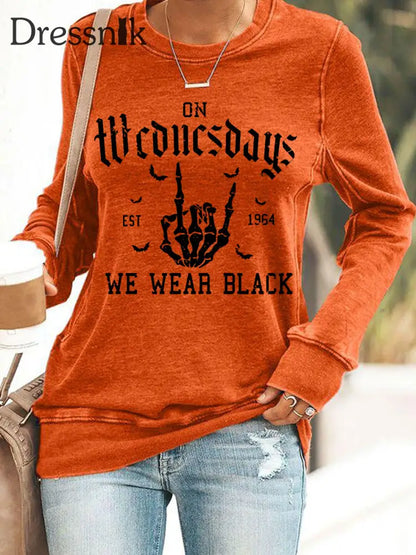 Frauen mittwochs tragen wir schwarze Halloween Horror Party lässig Sweatshirt Orange / S