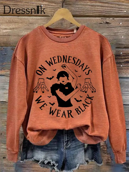 Frauen mittwochs tragen wir schwarze Halloween Horror Party lässig Sweatshirt Orange / S