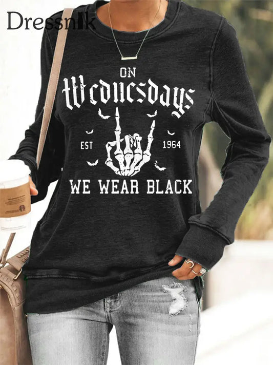 Frauen mittwochs tragen wir schwarze Halloween Horror Party lässig Sweatshirt Schwarz / S