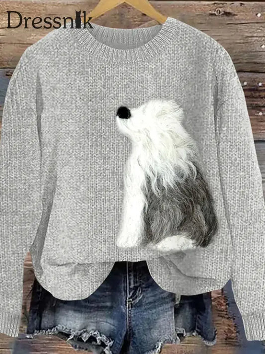 Frauen niedliche alte englische Schäferhunde Filz Hund Kunst Gemütliche Pullover Grau / S
